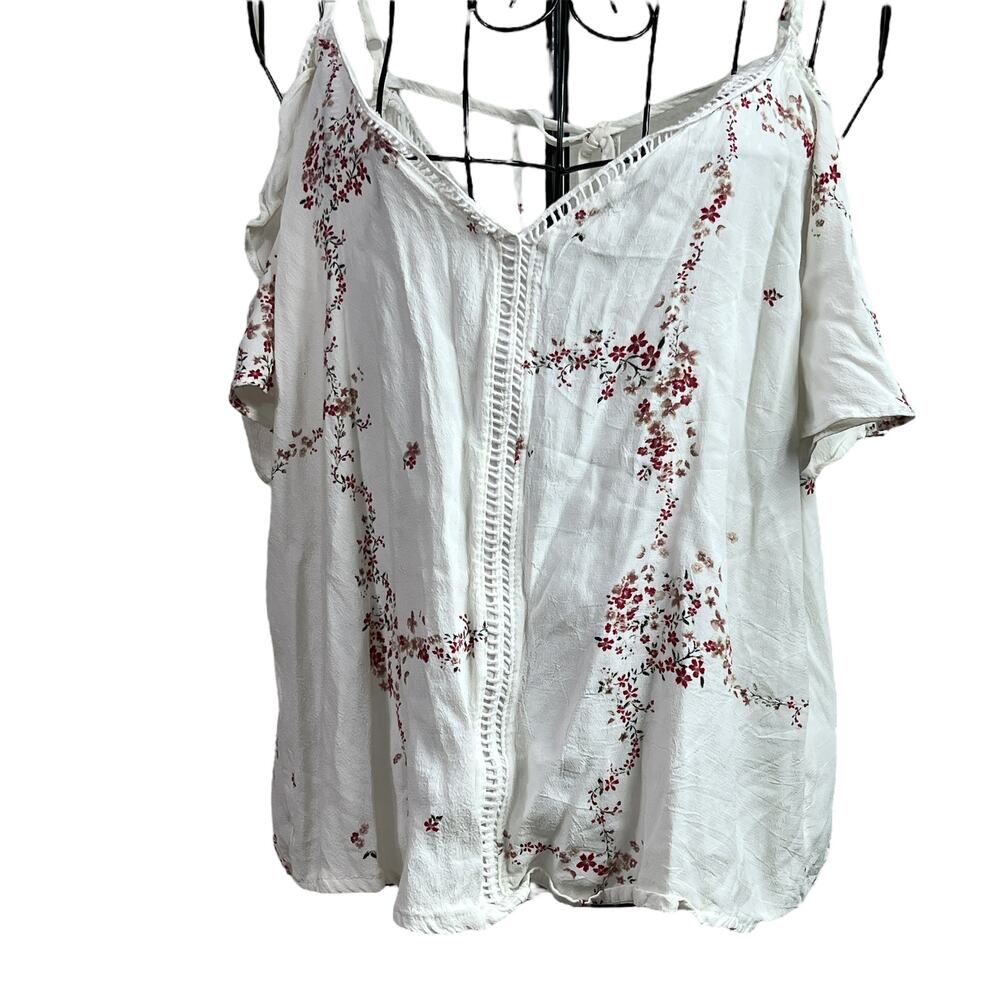 Current Air Floral Dressy Boho Ruffle Cold Shoulder Tank Top White Pink Small